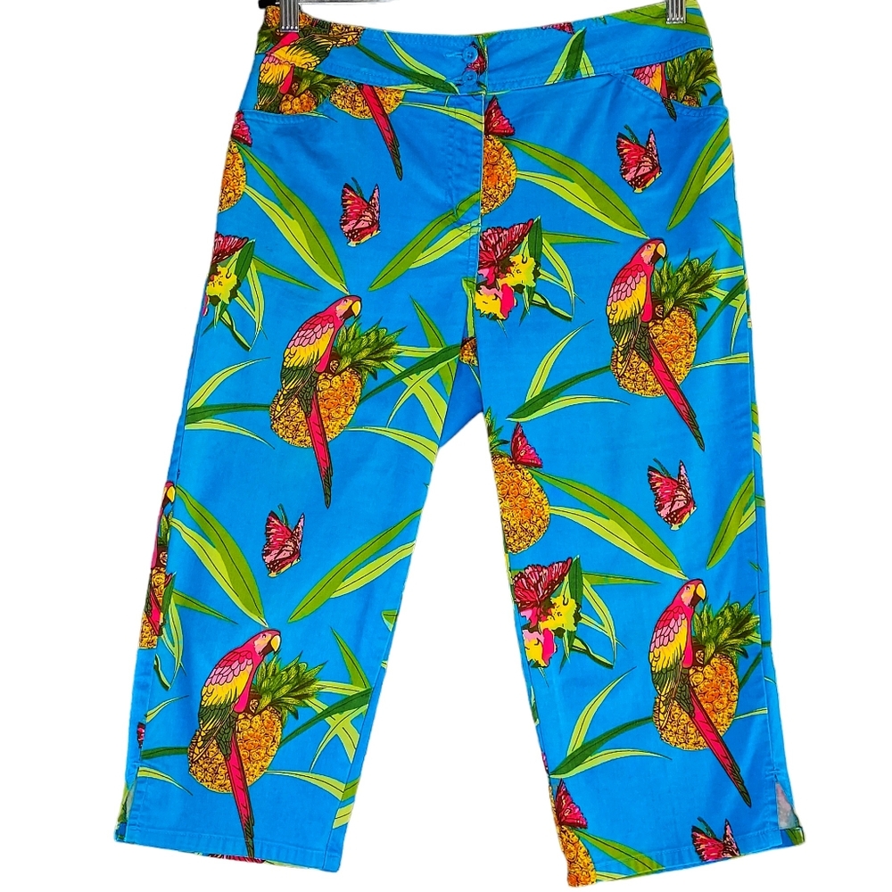 Bill Blass Petite Jeans Women 8P Parrot Pineapple Resort Beach Stretch Capris